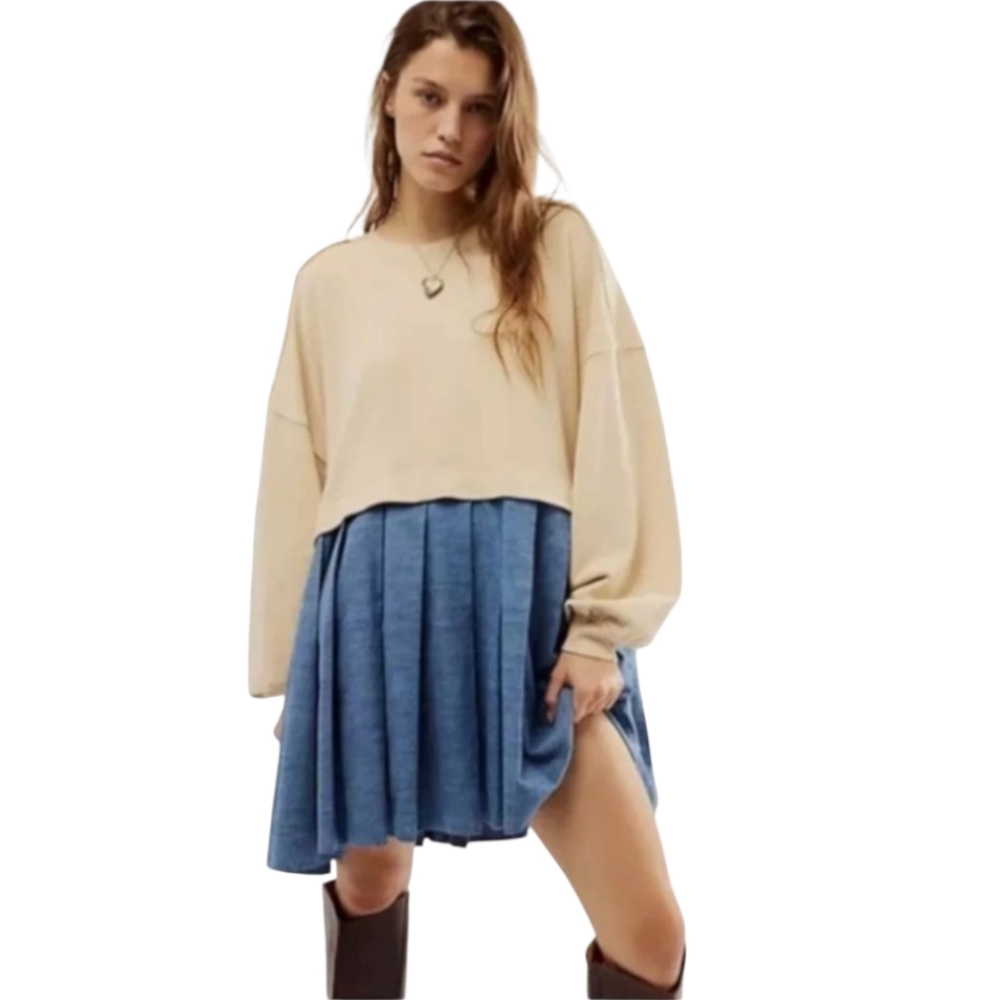 Free People Cream and Blue Mini Dress